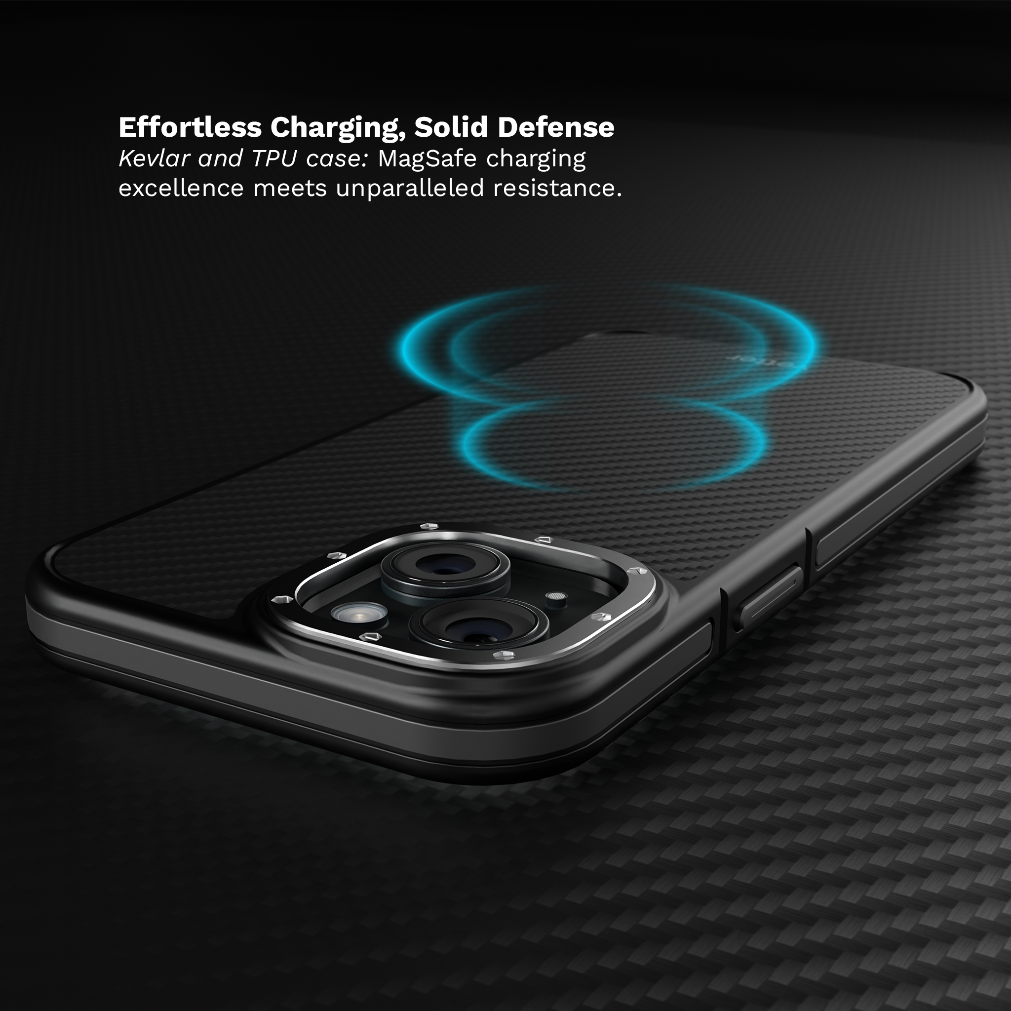 Husa iPhone 15, Clip-On MagSafe Compatible, Aramid Fiber, Hybrid  Kevlar, Black and Grey