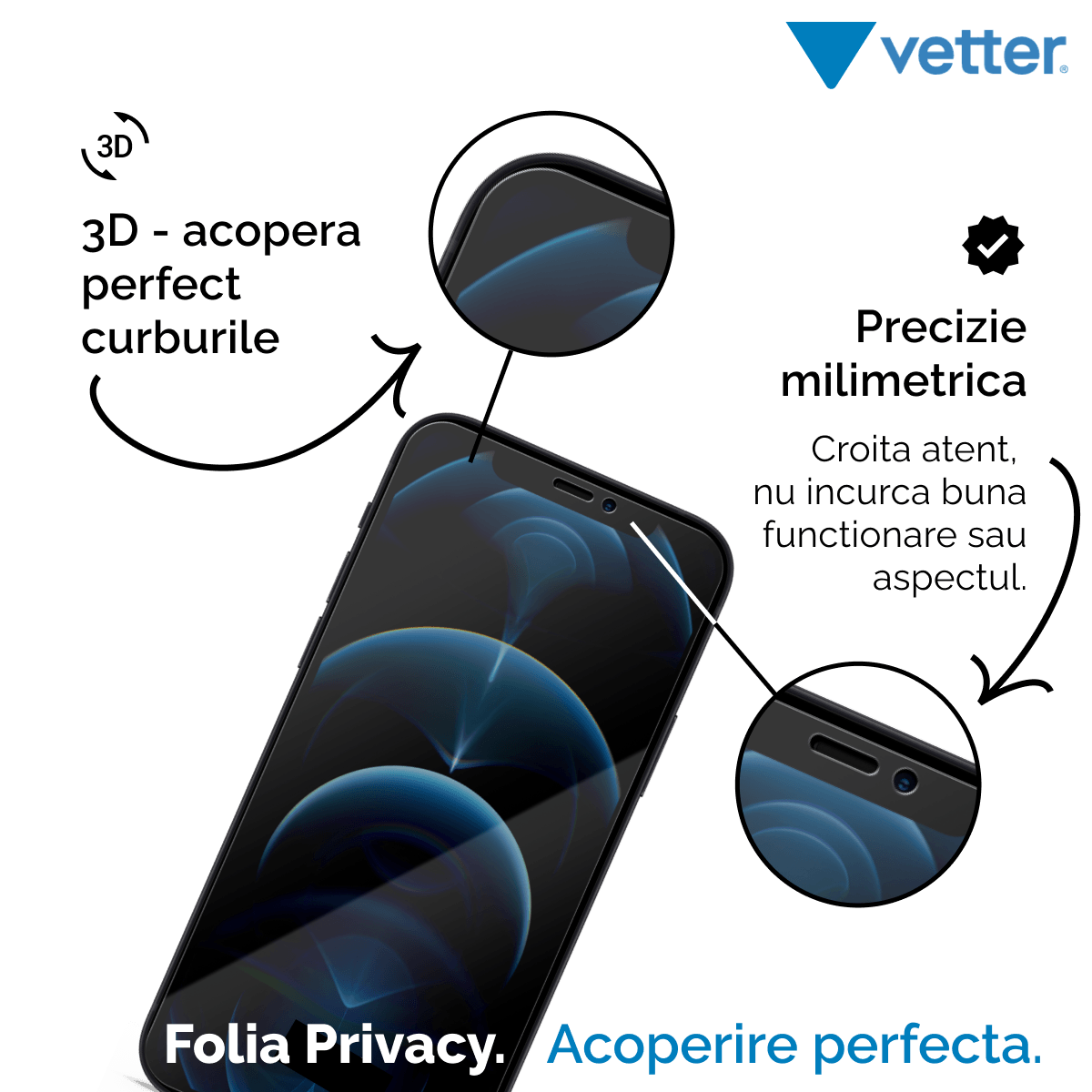 Folie iPhone 12 mini 3D Privacy Series, Negru - vetter.ro