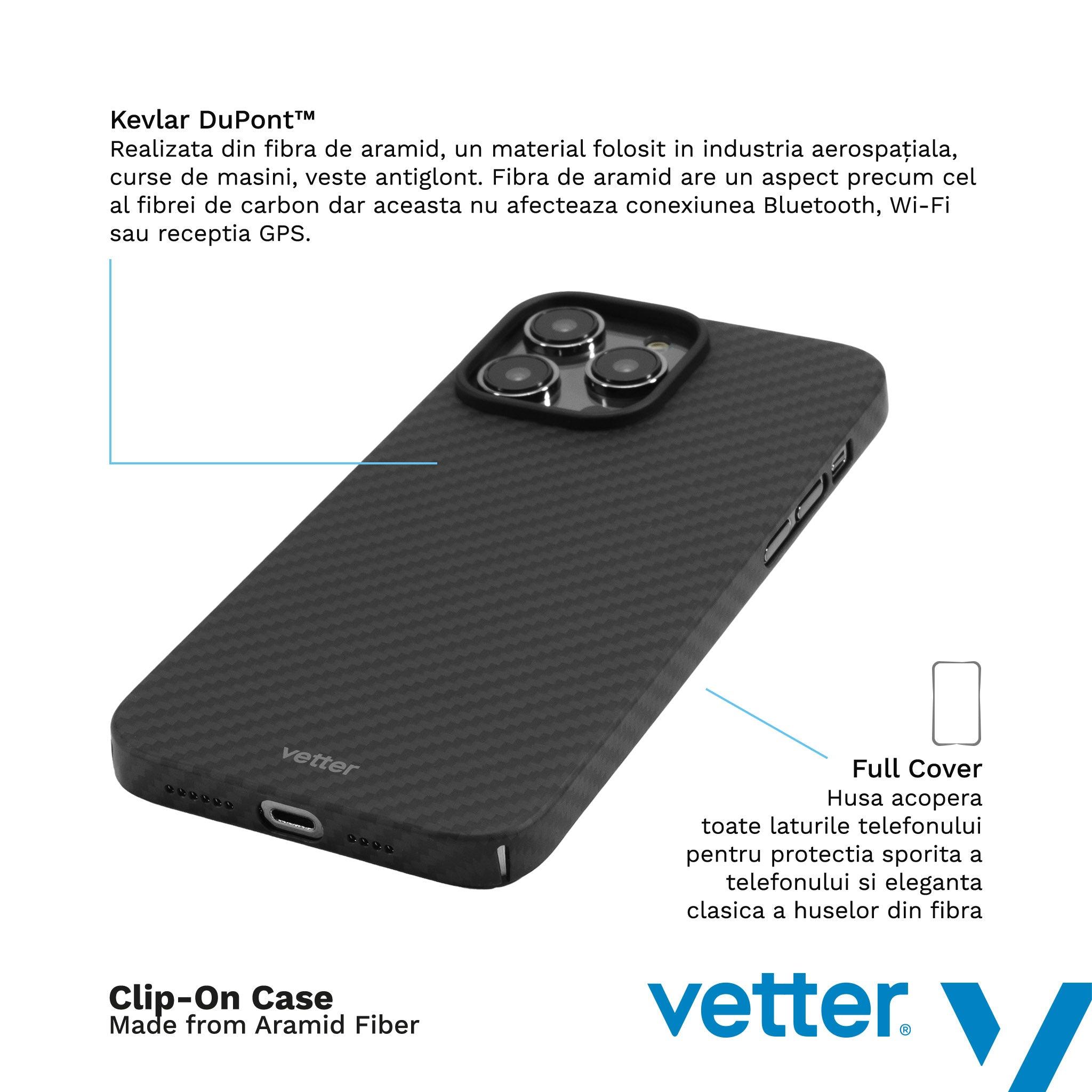 Husa pentru iPhone 14 Plus, Clip-On MagSafe Compatible, made from Aramid Fiber, Full Cover Kevlar, Black - vetter.ro