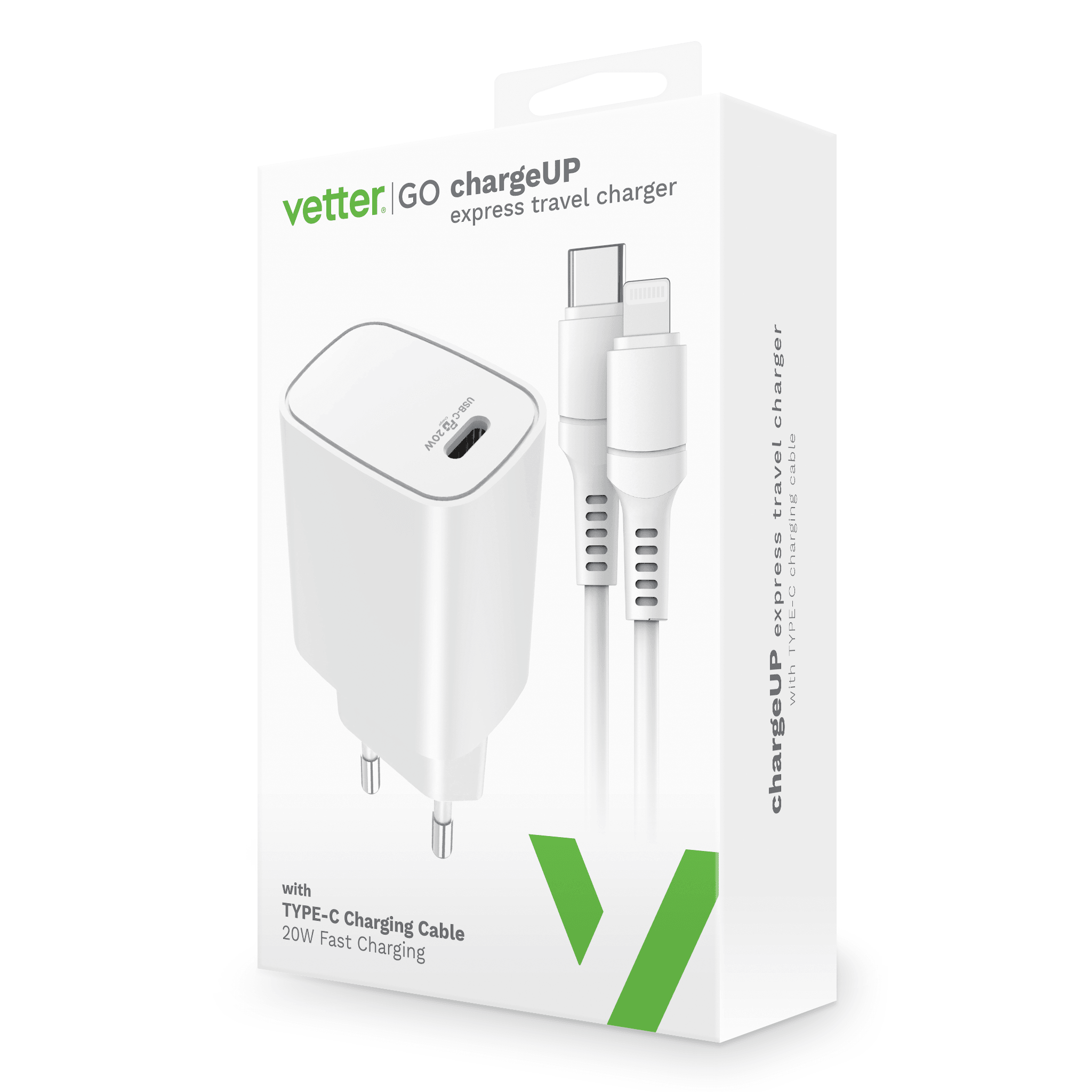 Incarcator chargeUP, Smart Travel Charger with Lightning Cable, Vetter Go, Power Delivery, 20W, White - vetter.store