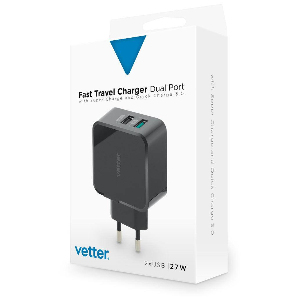 Incarcator retea Vetter, Fast Travel Charger with Super Charge, 27W Dual Port, Quick Charge 3.0, Negru - vetter.ro