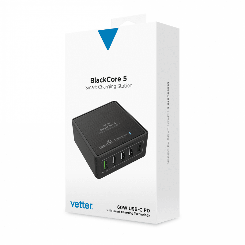 Statie de incarcare Vetter Black Core 5, 60W, Incarcare USB Smart, 5 Porturi QC 3.0 si PD 60W - port USB C - vetter.ro